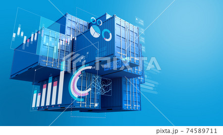 Stack of blue containers box with digital graph chart, import export business, 3d rendering 74589711