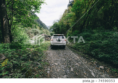 Driving offroad car on trail in high altitude forest mountain 74590353