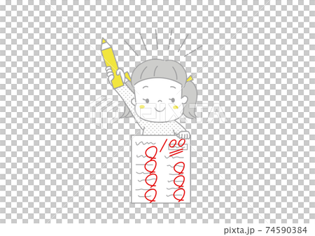 百点満点のテストを見せる笑顔の女の子　勉強頑張るぞ 74590384