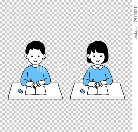 机を並べて勉強する男の子と女の子 74590714