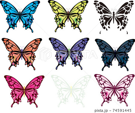 シンプルで綺麗な上から見た蝶々セットのイラスト素材