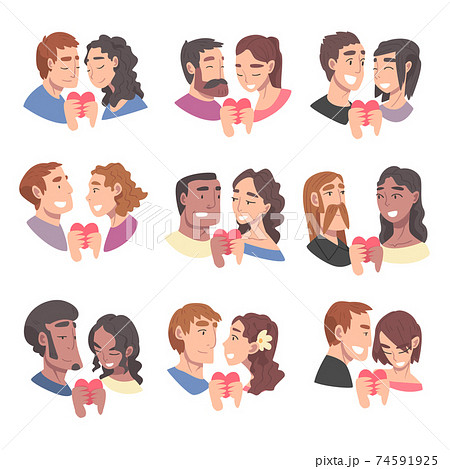 Couples of Male and Female in Love Holding Heart Vector Illustration Set Couples of Male and Female in Love Holding Heart Vector Illustration Set 74591925