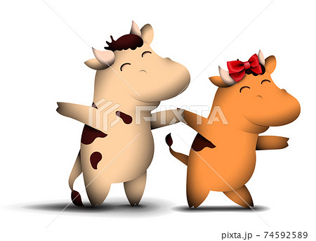 happy little bull and cow symbol of 2021 according to the Chinese calendar dance at the carnival with a satisfied smile on their face. New Year in a good mood. Funny animals. Vector happy little bull and cow symbol of 2021 according to the Chinese calendar dance at the carnival with a satisfied smile on their face. New Year in a good mood. Funny animals. Vector 74592589