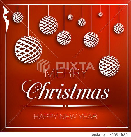 Square flyer with paper Christmas balls. Festive background for greeting card, New Year web baner. Bright volumetric vector 74592624