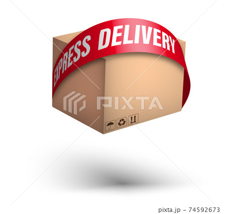 express delivery of goods. Cardboard box descends on a red tape like a parachute. Fast food and mail delivery. Transportation from shops. Color vector 74592673