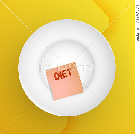 empty white realistic plate with sticker. Inscription DIET. Healthy lifestyle and restriction of food. Conceptual yellow banner. Vector empty white realistic plate with sticker. Inscription DIET. Healthy lifestyle and restriction of food. Conceptual yellow banner. Vector 74592773