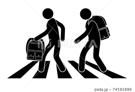 schoolchildren with backpacks cross the pedestrian crossing, street zebra. September 1 is beginning of the school year. Traffic safety on roads. Black and white vector 74592890