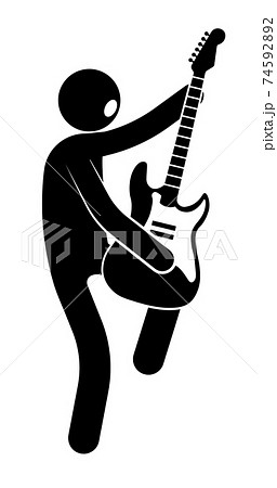 stick figure, musician plays rock music on guitar, standing on one leg. Concerts, festivals and holidays. Vector on white background 74592892