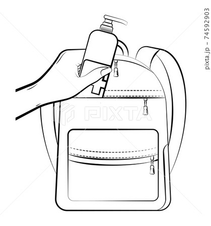 female hand puts sanitizer with liquid soap, antiseptic into a child school backpack. Preventing spread of viruses. Disease prevention. Personal hygiene. Vector on white background 74592903