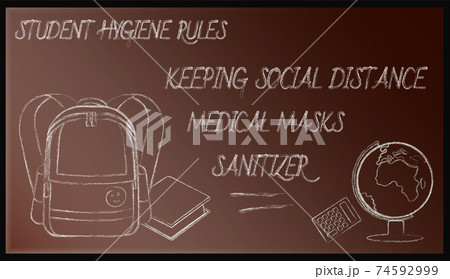 back to school, schoolboy hygiene rules written in chalk on a blackboard. Preventing disease and infection. September 1, beginning of year at school. Student Accessories. Vector 74592999