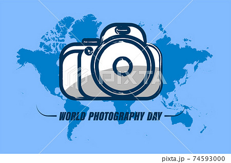 World Photography Day August 19th. Camera on background of continents of the Earth. Template for a festive design. Vector 74593000