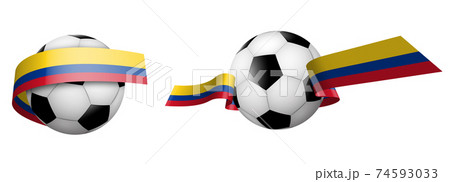 balls for soccer, classic football in ribbons with the colors of Columbia flag. Design element for football competitions. Colombia national team. Isolated vector on white background balls for soccer, classic football in ribbons with the colors of Columbia flag. Design element for football competitions. Colombia national team. Isolated vector on white background 74593033
