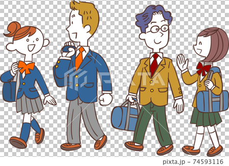 歩いて通学する男女の学生のイラスト素材
