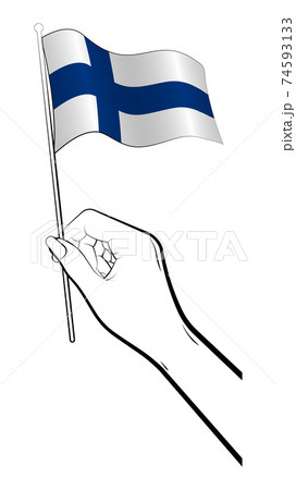 Female hand gently holds the small flag of Finland with her fingers. Holiday design element. Vector on a white background 74593133