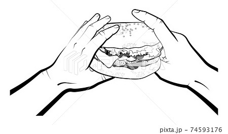 hamburger with bacon, cheese and lettuce on a bun in the hands of a man. Fast food. Isolated vector on white background 74593176