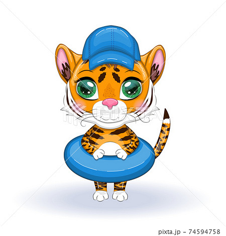 Cute cartoon tiger with beautiful eyes, orange with a circle for swimming and wearing a hat. Chinese New Year 2022, Year of the Tiger. Cute cartoon tiger with beautiful eyes, orange with a circle for swimming and wearing a hat. Chinese New Year 2022, Year of the Tiger. 74594758