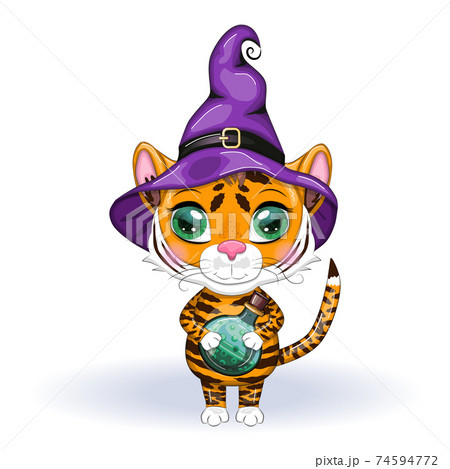 Cute cartoon tiger with beautiful eyes, orange in a purple cloak and a witch's hat, with a potion. Halloween 2022 Cute cartoon tiger with beautiful eyes, orange in a purple cloak and a witch's hat, with a potion. Halloween 2022 74594772