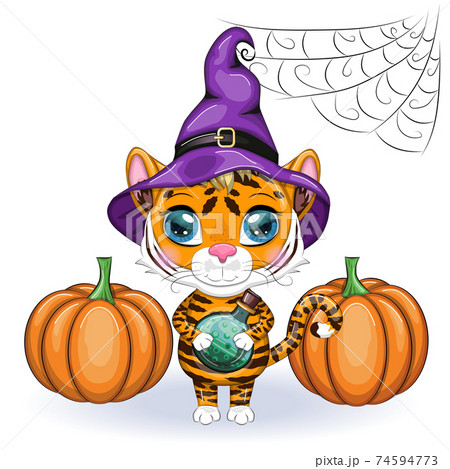 Cute cartoon tiger with beautiful eyes, orange in a purple cloak and a witch's hat, with a potion. Halloween 2022 74594773