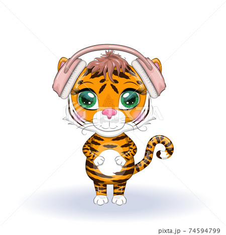 Cute cartoon tiger with beautiful eyes in headphones, love of music. Illustrations for Chinese New Year 2022, Year of the Tiger Cute cartoon tiger with beautiful eyes in headphones, love of music. Illustrations for Chinese New Year 2022, Year of the Tiger 74594799