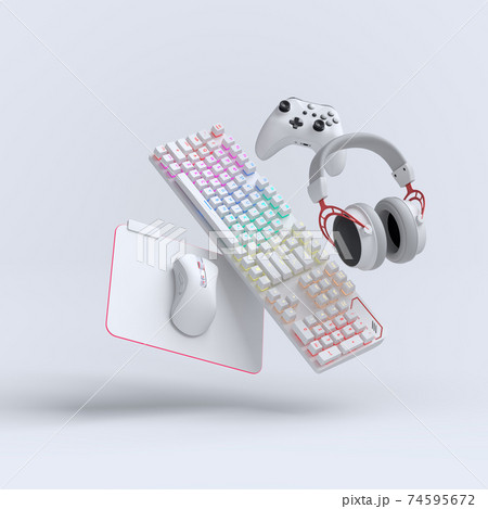 Flying gamer gears like mouse, keyboard, joystick, headset, VR Flying gamer gears like mouse, keyboard, joystick, headset, VR 74595672