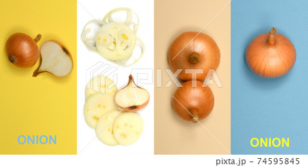 Creative layout made of Yellow onion bulbs. Creative layout made of Yellow onion bulbs. 74595845