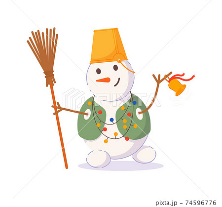 Funny snowman with christmas light and broom isolated 74596776