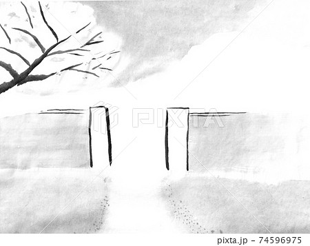 桜と門の背景イラスト 墨の手描きイラスト のイラスト素材