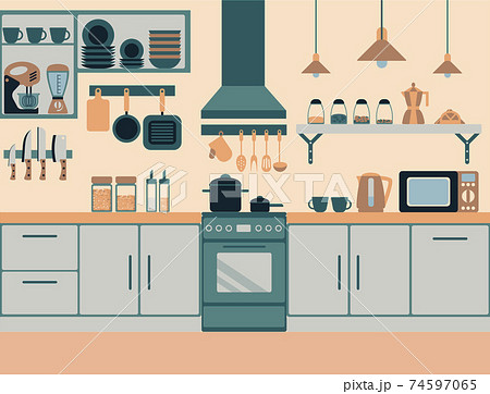 colorful kitchen flat style with lot of details interior 74597065