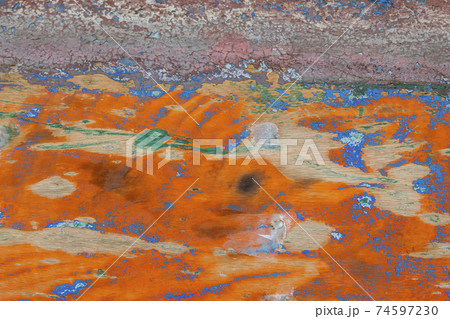 Polished and abraded paint on an old wooden wall of a boat. Polished and abraded paint on an old wooden wall of a boat. 74597230
