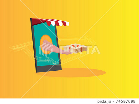 Send product products via smartphone on a yellow background Concept of online delivery, home delivery service. Flat style cartoon illustration vector 74597699