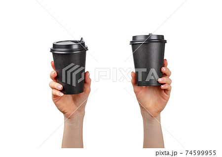 Female hand holding disposable coffee cup isolated on white Female hand holding disposable coffee cup isolated on white 74599955