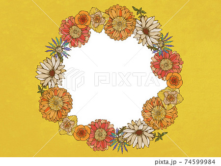 レトロポップ 夏の花柄 背景素材 黄色のリース アンティーク ヴィンテージデザインのイラスト素材