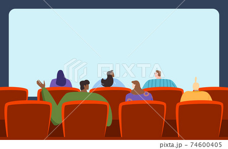 People watching movie, spacious audience, interesting film, entertainment program, design cartoon style vector illustration. People watching movie, spacious audience, interesting film, entertainment program, design cartoon style vector illustration. 74600405