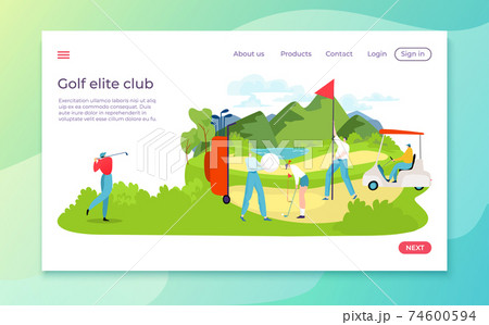 Golf competition landing, green field, active sport, inscription elite golf club, bright banner, cartoon style vector illustration Golf competition landing, green field, active sport, inscription elite golf club, bright banner, cartoon style vector illustration 74600594