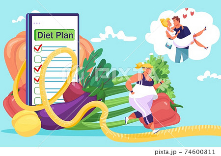 Overweight woman, stick to diet plan, dream about love, healthy lifestyle concept, design cartoon style vector illustration. 74600811