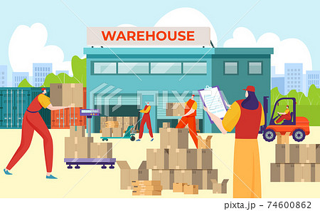Warehouse inscription on building, logistics for distribution and delivery goods, design cartoon style vector illustration. 74600862