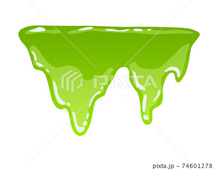 Green slime. Goo blob splashes, toxic dripping mucus. Slimy splodge and drops, liquid borders. Cartoon isolated vector decorative forms of playing blotch. Snot 74601278