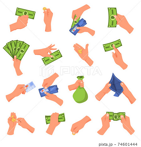 Hand holding money vector illustration set, cartoon flat human hands collection with cash money Hand holding money vector illustration set, cartoon flat human hands collection with cash money 74601444
