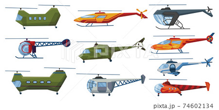 Helicopter cartoon aviation set. Avia transportation with propeller isolated on white. Vector copter aircraft rotor plane cargo. Civil and army military transport helicopters collection Helicopter cartoon aviation set. Avia transportation with propeller isolated on white. Vector copter aircraft rotor plane cargo. Civil and army military transport helicopters collection 74602134