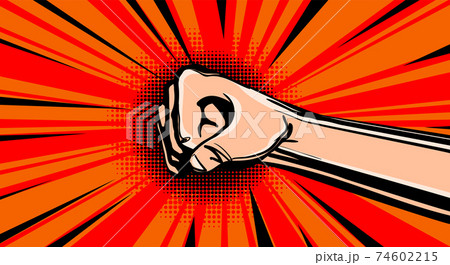 Hand fist. Raised arm fist with comic background. Hand up vector icon flat symbol. Winner fist vector sign concept 74602215