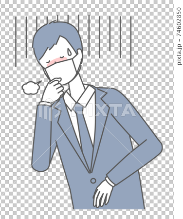 A man in a suit wearing a mask who coughs A man in a suit wearing a mask who coughs 74602850