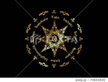 Gold Book Of Shadows Wheel Of The Year Modern Paganism Wicca. Wiccan calendar and holidays. Golden Compass with in the middle Triquetra symbol from charmed celtic. Vector isolated on black background  74603600