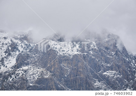 rugged mountain landscape - snow-capped rocky cliffs with rare trees hide in cloudy fog 74603902