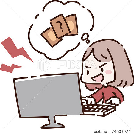パソコンでカードゲームをする女性のイラスト素材