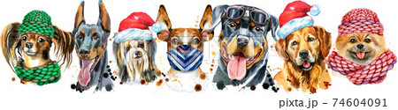 Border from watercolor portraits of dogs for decoration 74604091