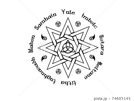 Book Of Shadows Wheel Of The Year Modern Paganism Wicca. Wiccan calendar and holidays. Compass with in the middle Triquetra symbol from charmed Celtic style. Vector isolated on white background  74605145