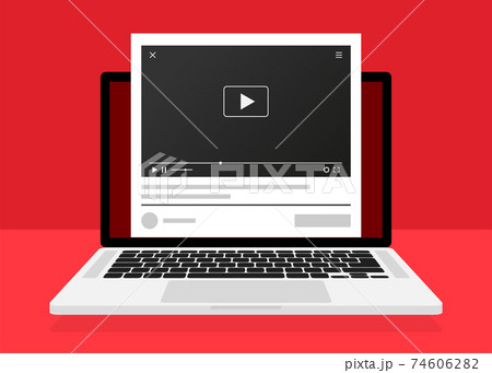 Laptop play in 3d style. Social media concept. Laptop flat vector icon illustration. Distance learning. Web design. Play button icon vector illustration. Internet conference. 74606282