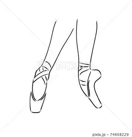 Pointe shoes. Ballet shoes. Vector hand-drawn illustration. Ballet dance studio symbol. pointe shoes, vector sketch on a white background 74608229