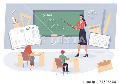 Flat cartoon characters students and teacher,offline online education vector illustration concept 74608468