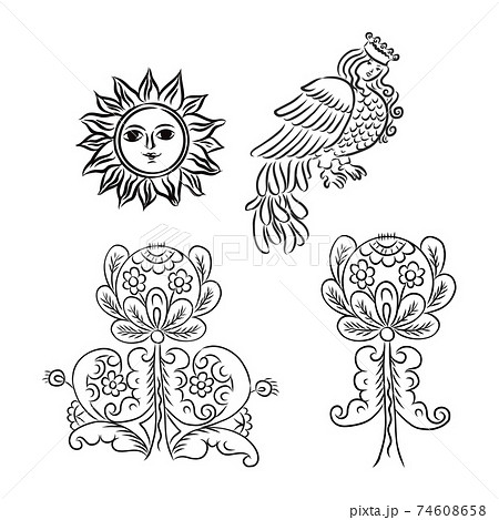traditional european ukrainian ornament. rustic floral wedding composition. rural folk style flower element. western europe folk motif. russian folk flower, vector sketch on a white background traditional european ukrainian ornament. rustic floral wedding composition. rural folk style flower element. western europe folk motif. russian folk flower, vector sketch on a white background 74608658